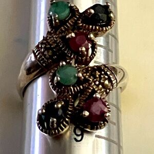Gorgeous faux ruby, sapphire, gaspeite, marcasite gems on sterling silver band.